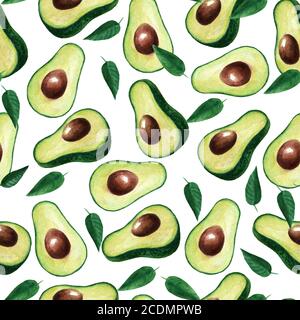 Motivo senza cuciture acquerello con avocado maturo isolato su sfondo bianco. Metà fette di frutta esotica tropicale. Cibo organico vegano. Foto Stock