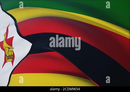 Sventolare bandiere del mondo - bandiera dello Zimbabwe. Vista in primo piano, illustrazione 3D. Foto Stock