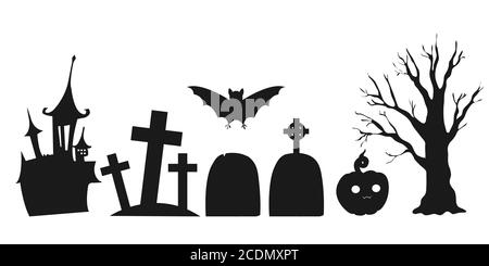 Set di silhouette di elementi paesaggi di Halloween. Isolato su sfondo bianco. Illustrazione vettoriale. Collezione di icone di silhouette halloween. Illustrazione Vettoriale