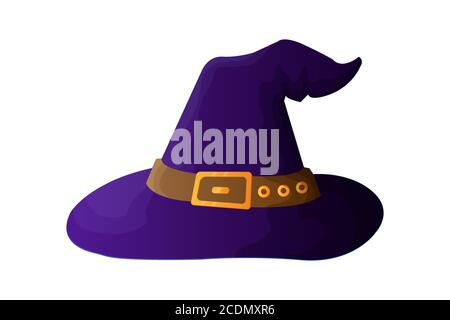 Illustrazione vettoriale a cappello di strega in stile cartone animato. Simbolo di Halloween - cappello di strega con fibbia isolata su sfondo bianco. Illustrazione Vettoriale