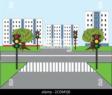 Sezionatura della strada e semafori in città Illustrazione Vettoriale