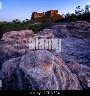 Formazione di pietra arenaria agli albori con Spyglass Peak sullo sfondo. Salvator Rosa Sezione Parco Nazionale Carnarvon, Queensland, Australia Foto Stock