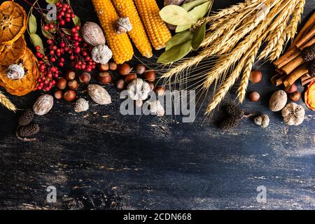 Incorniciate con verdure, frutta e grano come un concetto di giorno del Ringraziamento o del Ringraziamento su sfondo di legno d'annata Foto Stock