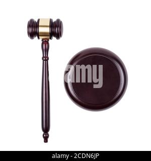 giudice gavel su sfondo di legno marrone Foto Stock