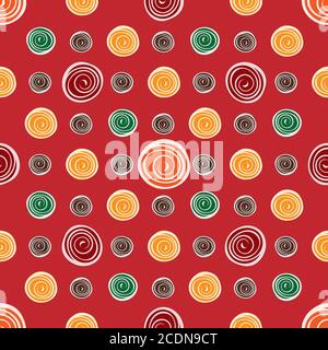Fiore rosso giallo verde cerchi sul rosso modello senza giunture backgrou Foto Stock