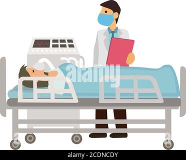 Il medico di terapia intensiva esamina la paziente di donna critica che riceve ossigeno da una ventilazione nel reparto di terapia intensiva. Carattere piatto del cartone animato ve Illustrazione Vettoriale