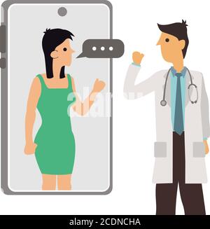 Donna che parla con un medico utilizzando uno smartphone. Consulenza online per i pazienti o concetto di telemedicina. Illustrazione vettoriale Illustrazione Vettoriale