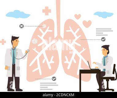 Controllo dei polmoni da parte di medici sanitari. Concetto di pulmonologa. Esame e trattamento del sistema respiratorio. Illustrazione vettoriale piatta. Illustrazione Vettoriale