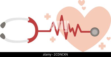 Stetoscopio con battito cardiaco. Concetto di salute e medicina. Immagine vettoriale isolata e piatta su sfondo bianco. Illustrazione Vettoriale