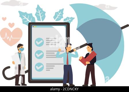 Tablet con documento sotto l'ombrello. Concetto di assicurazione sanitaria, sanità, finanza e servizio medico. Illustrazione vettoriale isolata nel cartone animato Illustrazione Vettoriale