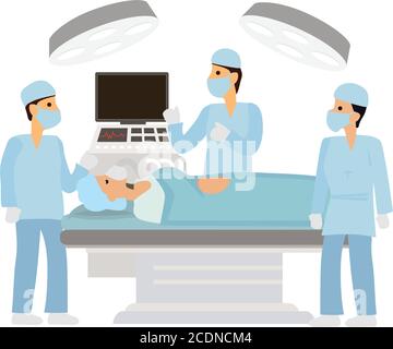 Team medico che esegue operazioni chirurgiche in sala operatoria. Illustrazione vettoriale a carattere cartoon piatto isolata su sfondo bianco. Illustrazione Vettoriale