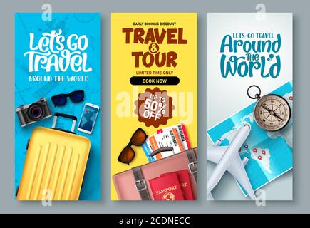 Poster di viaggio Imposta sfondo vettoriale. Viaggi e tour con testo promozionale ed elementi di viaggio per il design promozionale del turismo. Illustrazione vettoriale. Illustrazione Vettoriale