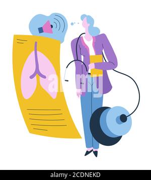 Medico con stetoscopio che esamina i polmoni, raggi di organi Illustrazione Vettoriale