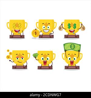 Personaggio cartoon trofeo d'oro con simpatico emoticon portare denaro Illustrazione Vettoriale