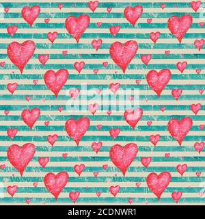 Sfondo vintage con cuori rossi acquerelli su righe turchesi teali motivo senza cuciture. Acquerello dipinto a mano a strisce vecchio grunge texture. Stampa f Foto Stock