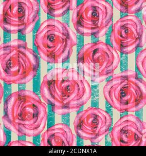 Sfondo vintage con rose rosa acquerello su righe turchesi teali motivo senza cuciture. Acquerello dipinto a mano a strisce vecchio grunge texture. Stampa f Foto Stock