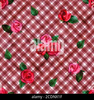 Sfondo con rose rosa rosso acquerello su strisce rosse motivo plaid senza cuciture. Acquerello dipinto a mano a strisce vecchio grunge texture. Stampa per textil Foto Stock