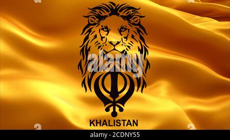 Il leone e il simbolo principale del sikhism è il khava Segno sullo sfondo di una bandiera di Khalistan che oscilla arancione Foto Stock