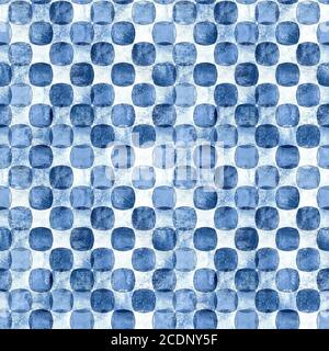 Indigo blu navy motivo geometrico senza cuciture con grunge polka dot monocromo acquerello astratto sovrapposizioni forme sfondo a scacchi. Acquerello Foto Stock