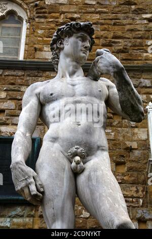 Scultura David in Piazza della Signoria a Firenze, Toscana, Italia Foto Stock