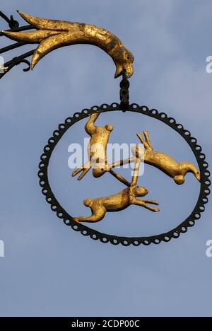 Tre lepri dorate legate dalle loro lunghe orecchie saltano intorno al segno metallico di ‘Drei Hasen’ (Three Hares), uno storico hotel-ristorante a Braunstrasse, Michelstadt, Odenwald, Assia, Germania. Il simbolo è stato variamente interpretato come un’antica promessa di buona ospitalità, emblema della gilda dei tessitori (con le orecchie che rappresentano una navetta) - e anche come riferimento al sistema medievale dell’agricoltura a tre campi. Foto Stock