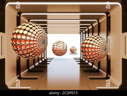 Murale Illustrazione di sfera 3D di cristallo dorato su sfondo decorativo tunnel vuoto stanza carta da parati. Arte grafica moderna . Foto Stock