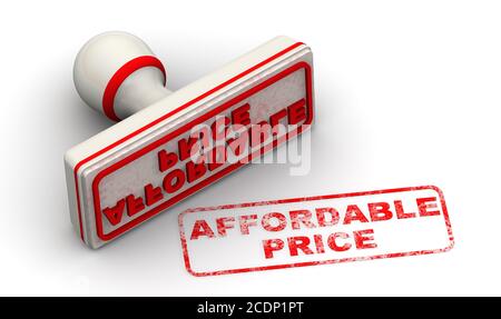 Prezzo accessibile. Il timbro e un'impronta. Il francobollo e la stampigliatura rossa AFFRODABLE PRICE sulla superficie bianca. Illustrazione 3D Foto Stock