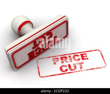 Prezzo ridotto. Il timbro e un'impronta. Timbro bianco e impronta rossa PREZZO TAGLIATO su superficie bianca. Illustrazione 3D Foto Stock