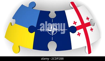 Puzzle con bandiere di NATO, Ucraina e Georgia insieme su superficie bianca. Il concetto di coincidenza degli interessi nella geopolitica. Illustrazione 3D Foto Stock