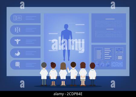Concetto di cartella clinica elettronica con informazioni mediche e team medico illustrazione vettoriale a disegno piatto Illustrazione Vettoriale