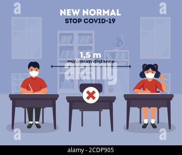 La distanza sociale a illustrazione della scuola. Nuova normalità per l'istruzione. Orientamento del coronavirus per le scuole. Nuove regole a scuola. Regole di distanza di sicurezza della scuola Illustrazione Vettoriale