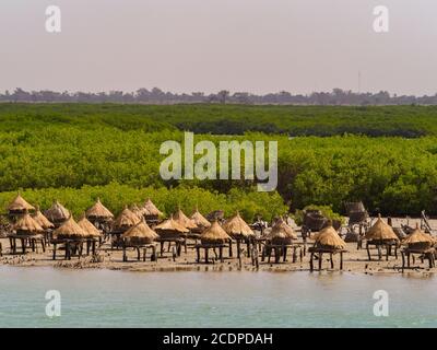 Granai su un'isola conchiglia tra alberi di mangrovie, Joal-Fadiouth, Senegal Africa Foto Stock