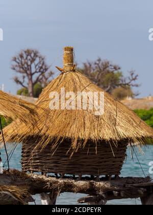 Primo piano di un piccolo granaio con tetto spiovente in erba secca su un'isola. Joal-Fadiouth, Senegal Africa Foto Stock