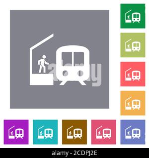 Icone piatte della stazione ferroviaria su sfondi quadrati di colore semplice Illustrazione Vettoriale