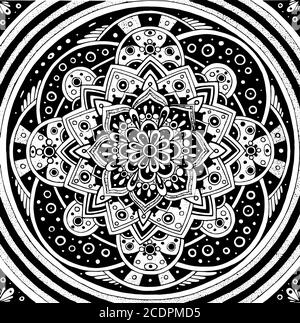 Doodle mandala floreale. Ornamento geometrico. Geometria sacra. Disegno realistico in bianco e nero. Pagina da colorare antistress per adulti. Illusione vettoriale Illustrazione Vettoriale