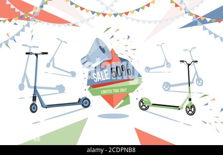 Vendita in scooter elettrici negozio Vector flat flyer design. Illustrazione moderna del trasporto urbano eco-compatibile. Stile di vita attivo con scooter, ruote urbane, banner di trasporto personale. Illustrazione Vettoriale