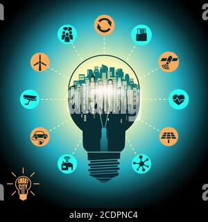 Concetto di città intelligente, paesaggio urbano in una lampadina silhouette con servizi intelligenti avanzati, Internet delle cose, social networking Illustrazione Vettoriale