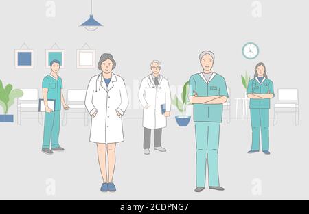 Gruppo di felici operatori sanitari sorridenti in piedi insieme vettoriale indoor illustrazione del profilo cartoon. Uomini e donne in uniforme medica in piedi nello spazio dell'ospedale. Illustrazione Vettoriale