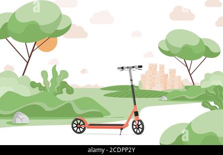 Scooter elettrico rosso nel parco urbano vettore immagine piatta. Scooter, moderno trasporto personale in un parco cittadino. Veicolo ecologico, dispositivo di trasporto personale, concetto di trasporto urbano. Illustrazione Vettoriale