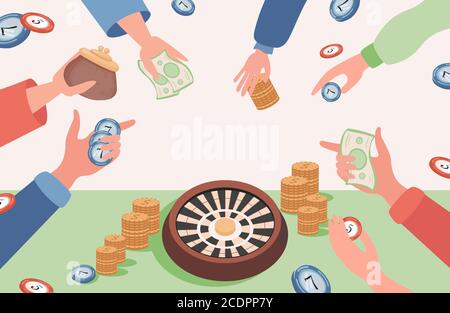 Le mani della gente che tengono i soldi, le monete d'oro, i circuiti integrati del poker e che fanno le scommesse nell'illustrazione piatta del vettore del casinò. Gioco d'azzardo, giochi con concetto di fortuna. Jackpot, carte da gioco, poker da gioco. Illustrazione Vettoriale