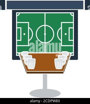 Tavolo Sport Bar con tazze di birra e calcio traduzione su schermo di proiezione icona. Design a colori piatti. Illustrazione vettoriale. Illustrazione Vettoriale