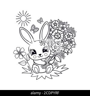 Simpatico, piccolo coniglio con un bouquet di fiori. Bianco e nero. Per i bambini disegno di biglietti d'auguri, libri da colorare, stampe, poster e altro ancora. Illustrazione Vettoriale