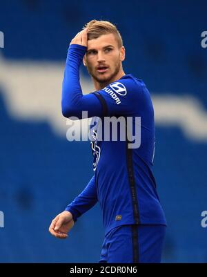 Il Timo Werner di Chelsea durante la pre-stagione amichevole all'AMEX Stadium di Brighton dove fino a 2500 tifosi sono stati autorizzati a guardare la partita dopo che il governo ha annunciato un'ulteriore serie di eventi sportivi che saranno utilizzati per pilotare il ritorno sicuro degli spettatori. Foto Stock