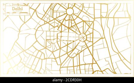 Mappa della città di Delhi in stile retro in colore dorato. Mappa di contorno. Illustrazione vettoriale. Illustrazione Vettoriale