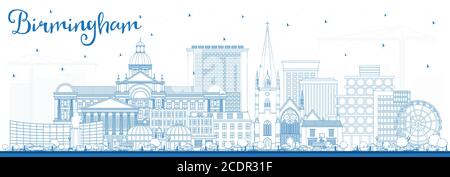 Profilo Birmingham UK City Skyline con edifici blu. Illustrazione vettoriale. Il paesaggio urbano di Birmingham con i punti di riferimento. Illustrazione Vettoriale