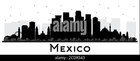Silhouette Mexico Skyline con edifici neri isolati in bianco. Illustrazione vettoriale. Concetto con architettura storica. Paesaggio urbano del Messico. Illustrazione Vettoriale