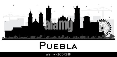 Puebla Mexico City Skyline Silhouette con edifici neri isolati su bianco. Illustrazione vettoriale. Illustrazione Vettoriale