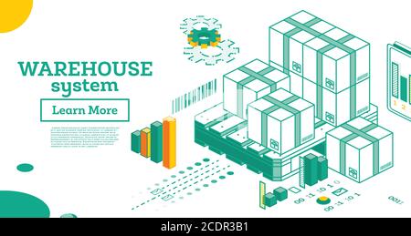 Sistema di magazzino. Scatole di cartone con profilo isometrico e pallet isolati su sfondo bianco. Illustrazione vettoriale. Illustrazione Vettoriale