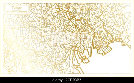 Mappa di Tokyo Japan City in stile retro in colore dorato. Mappa di contorno. Illustrazione vettoriale. Illustrazione Vettoriale