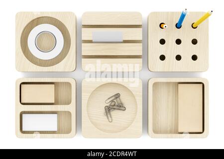 Scrivania in legno organizer con forniture per ufficio isolato su sfondo  bianco Foto stock - Alamy